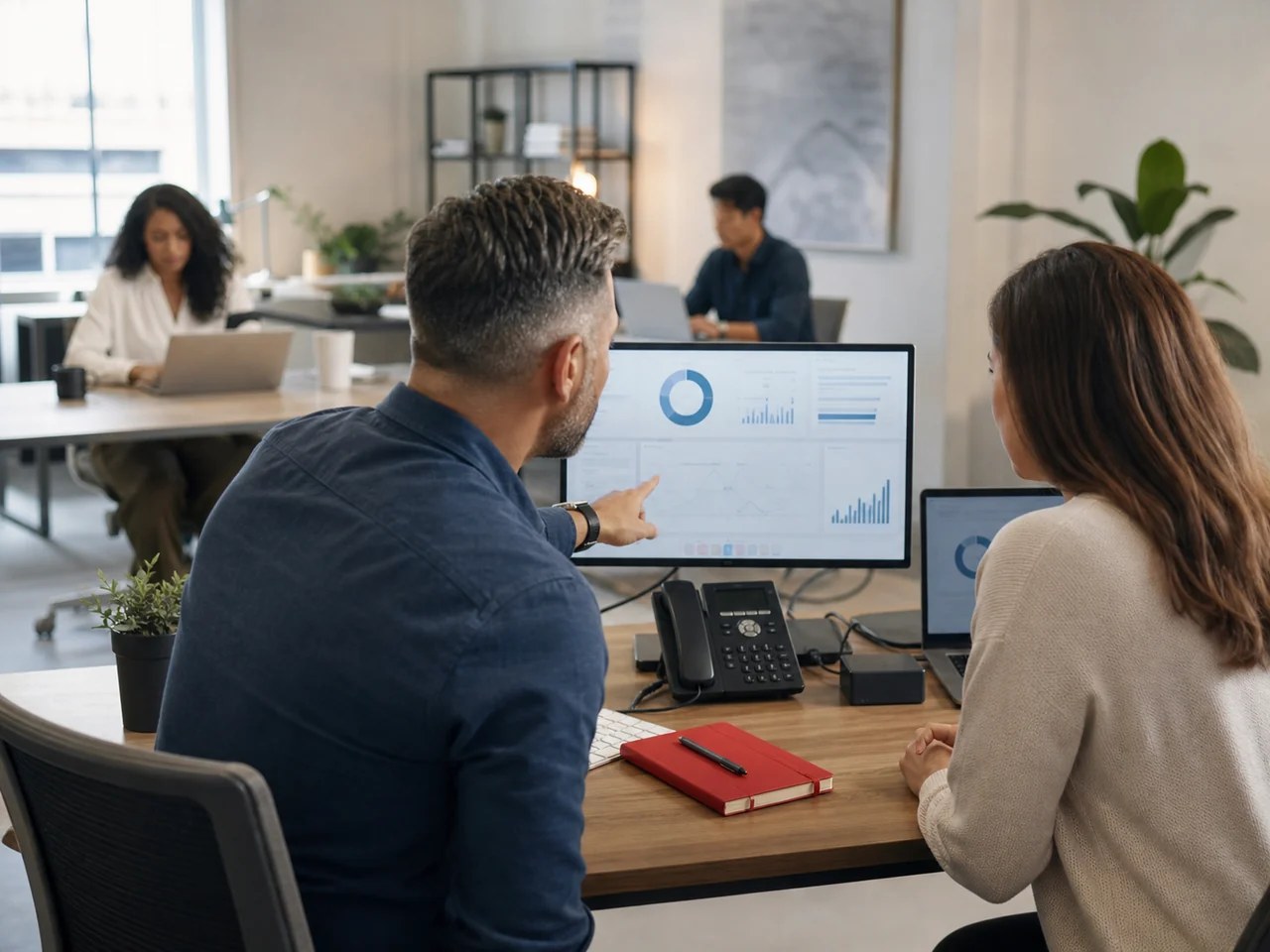 Business leaders working with a technology advisor in a modern office